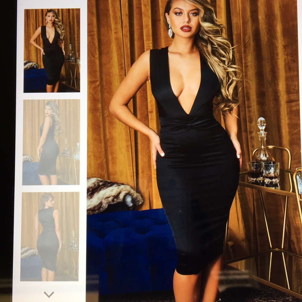 Deep plunge satin midi dress in black.